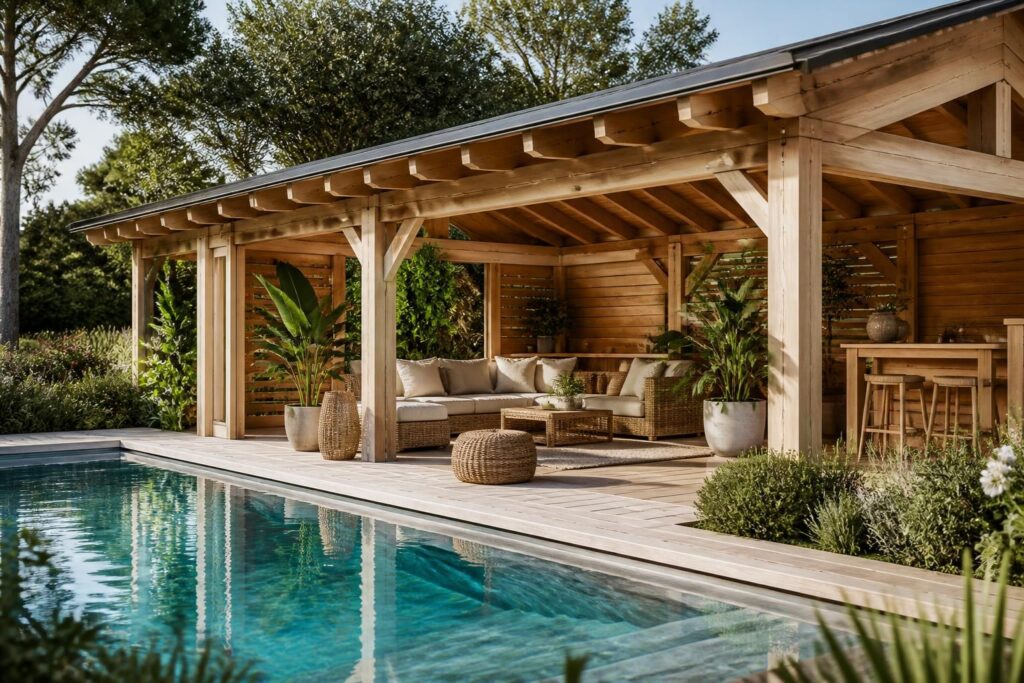 découvrez des idées d'ossature en bois pour créer un pool house piscine naturel, idéal pour un espace détente convivial et chaleureux autour de votre piscine.