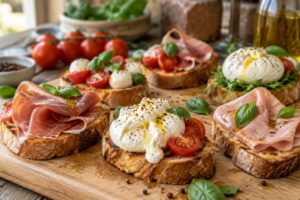 découvrez nos recettes gourmandes de bruschetta au jambon cru ou blanc, garnies de mozzarella fondante ou de burrata crémeuse.